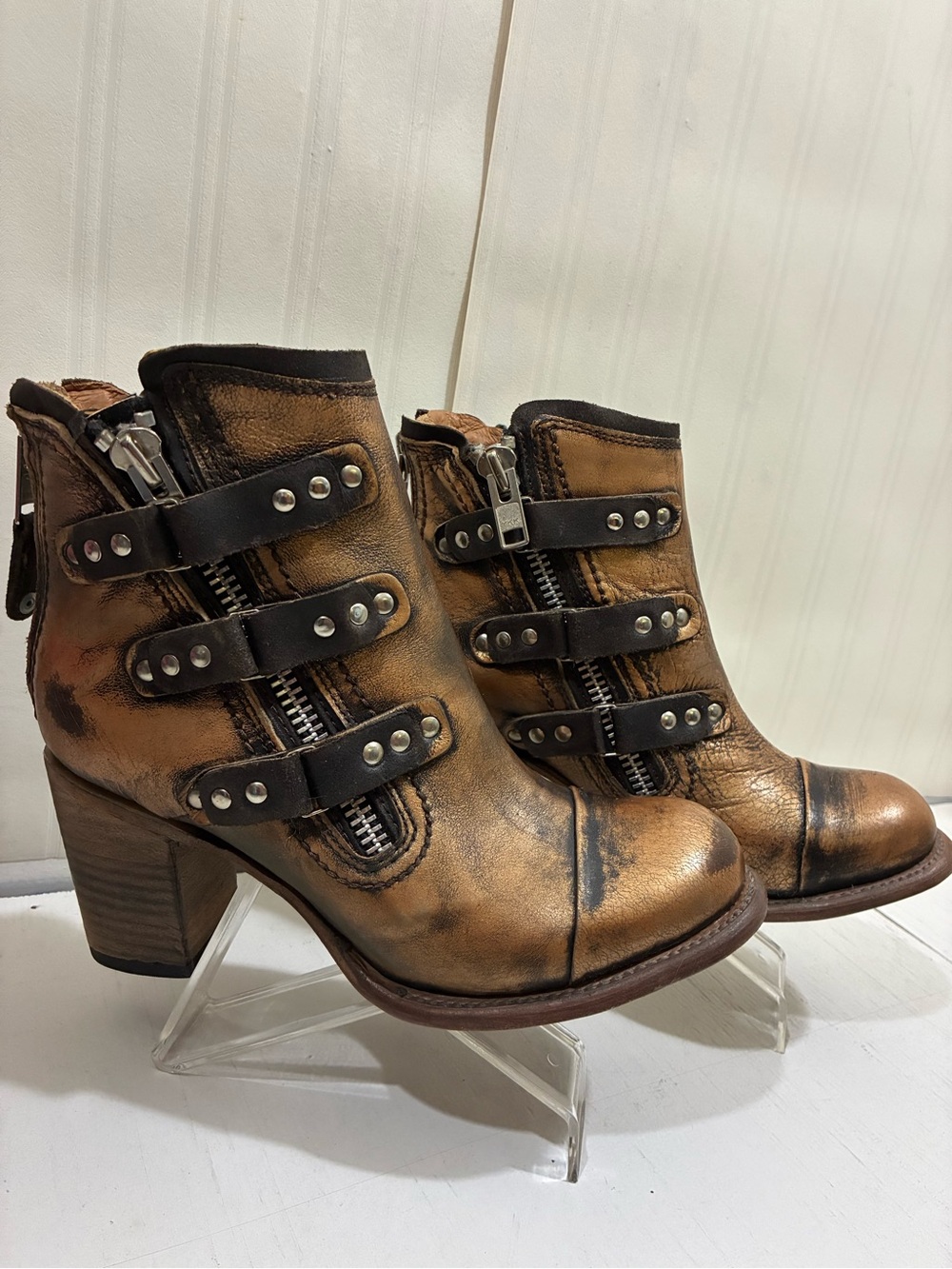 freebird Distressed Brown Leather Buckle Ankle Boots